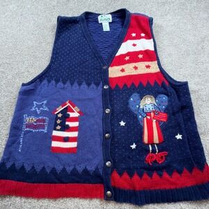 Quacker Factory Americana Patriotic Angel Knit Sweater Vest Blue Red Large